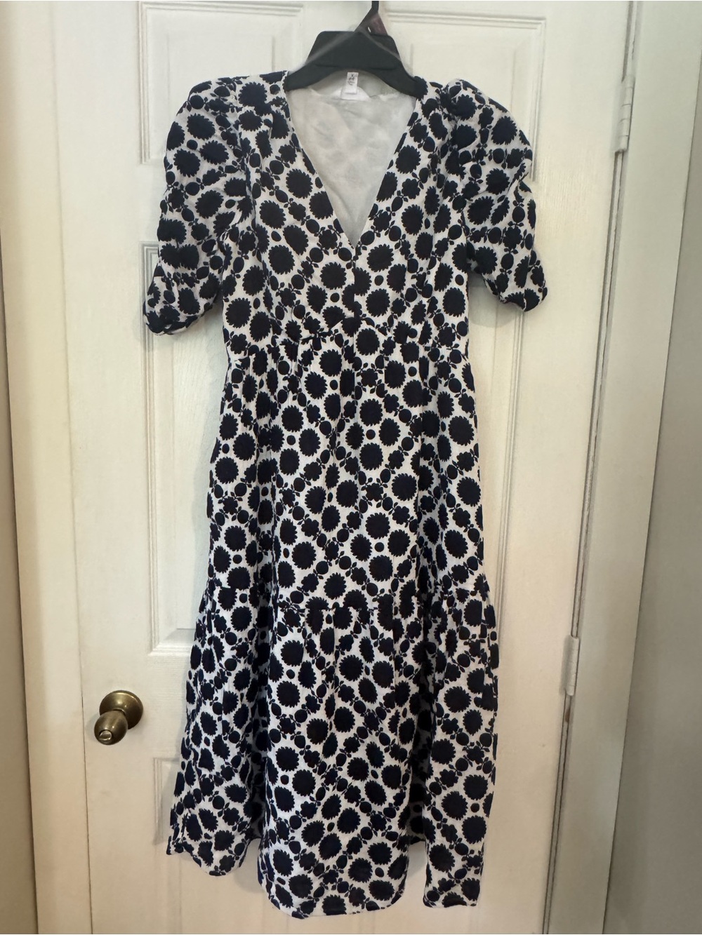 Navy & White Floral V-Neck Midi Dress
